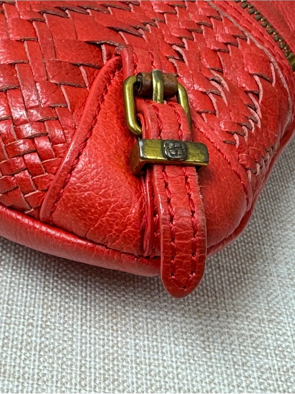 Red Woven Leather Crossbody Bag with Chain-Trim Strap